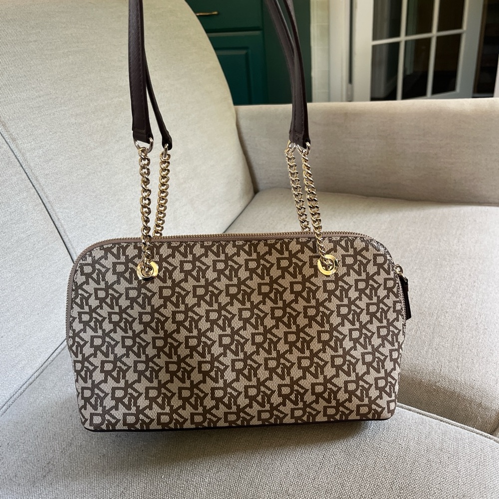 DKNY Brown Leather Clutch with Gold Zipper